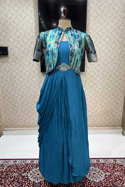 Rama Green Banaras, Stone and Sequins work Jacket Styled Floor Length Anarkali Suit