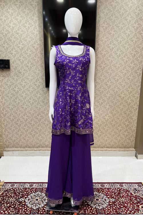 Purple Banaras, Stone, Sequins and Beads work Palazzo Suit Set