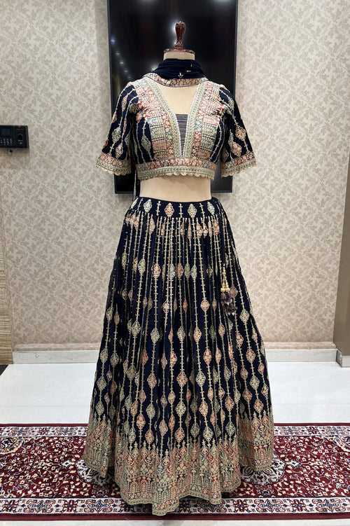 Navy Blue Sequins, Zari and Multicolor Thread work Crop Top Lehenga