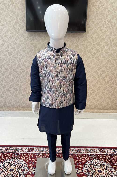 Navy Blue Sequins work with Printed Waist Coat Kurta Set for Boys