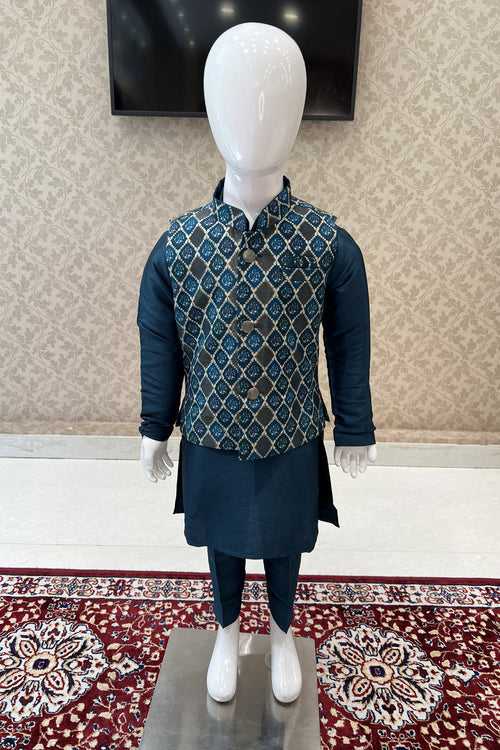 Peacock Green Printed Waist Coat Kurta Set for Boys