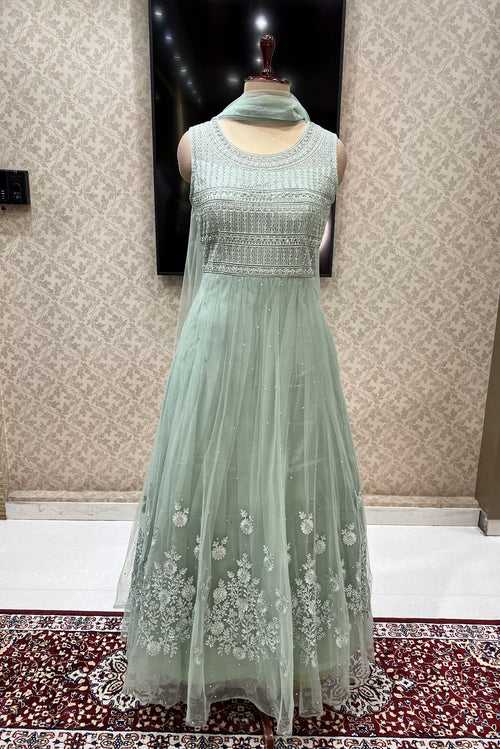 Pista Green Zari Thread and Stone work Floor Length Anarkali Suit