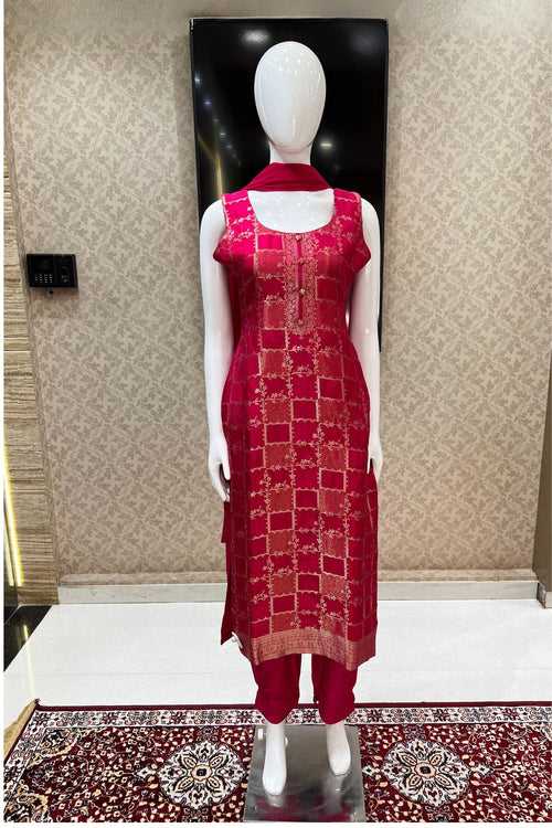 Rani Pink Banaras work Straight Cut Salwar Suit