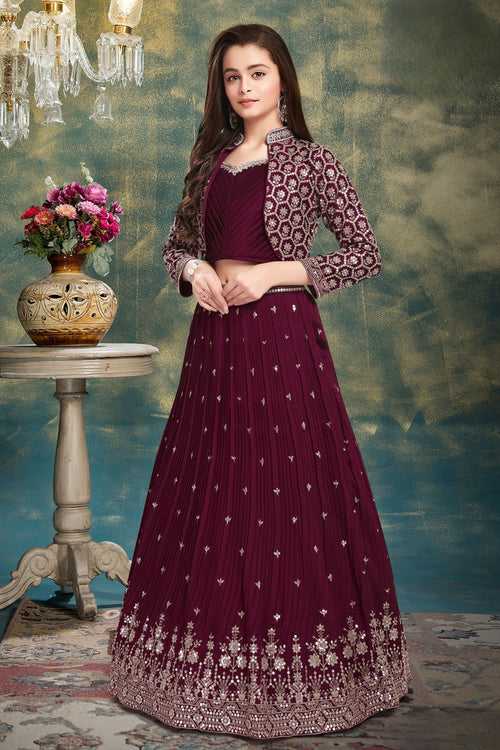 Maroon Mirror, Stone, Thread and Zari work Jacket Styled Lehenga Choli for Girls