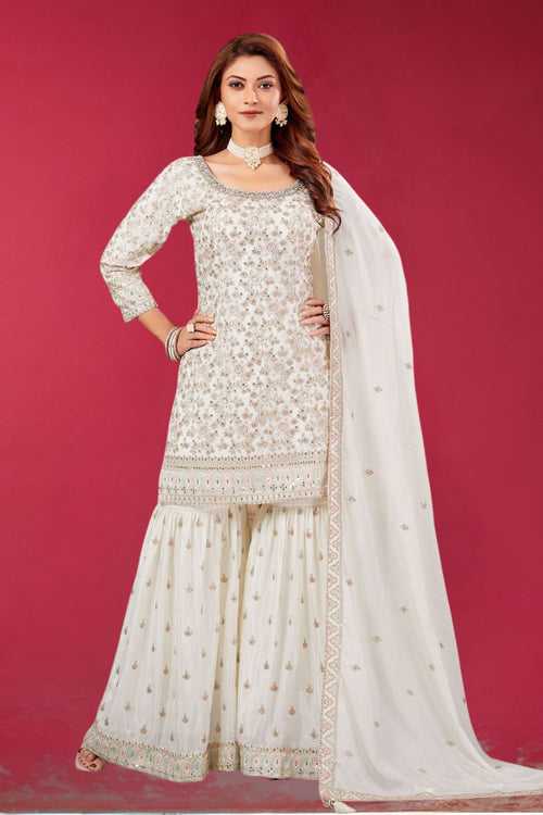 Cream Zari, Thread, Mirror and Sequins work Sharara Salwar Suit