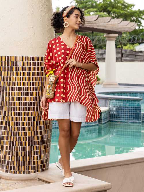 Red Handblock Printed Up-Down Modal Kaftan