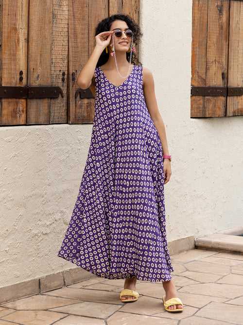 Violet Hand Block Printed  Modal Maxi Dress