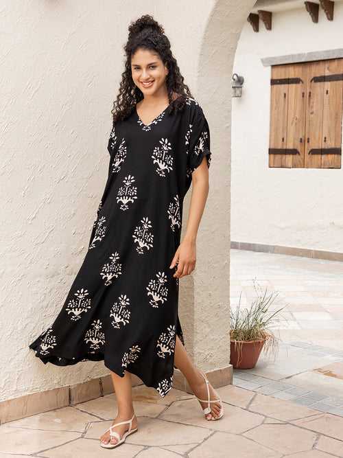 Black Hand Block Printed  Modal Kaftan Dress