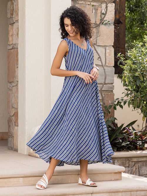 Royal Blue Hand Block Printed  Modal Maxi Dress