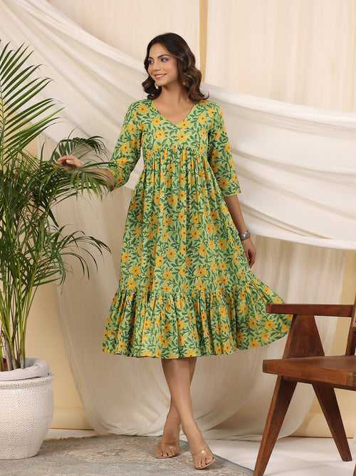 Green Handblock Printed Cotton Dress Baisa