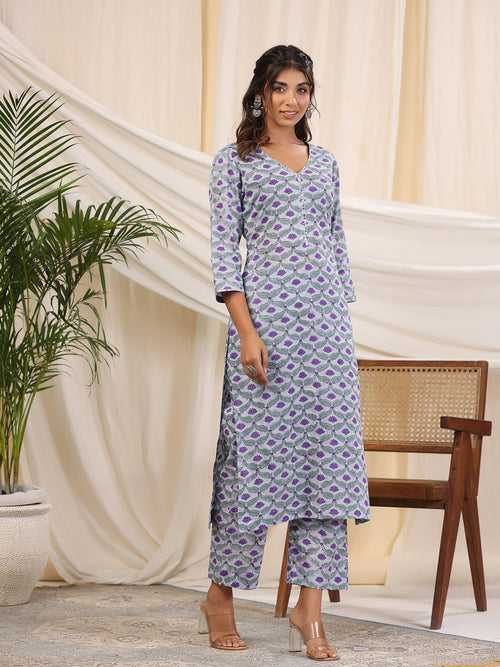 Sadabahaar Grey Jaal Handblock Printed Cotton Kurta Pant Set