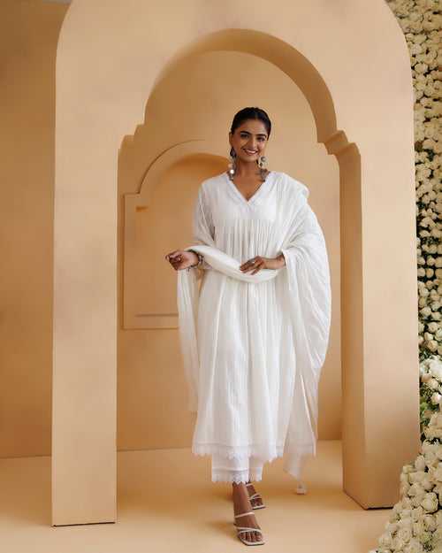 Ghazal White Lino Mul Gathered Lace Suit Set