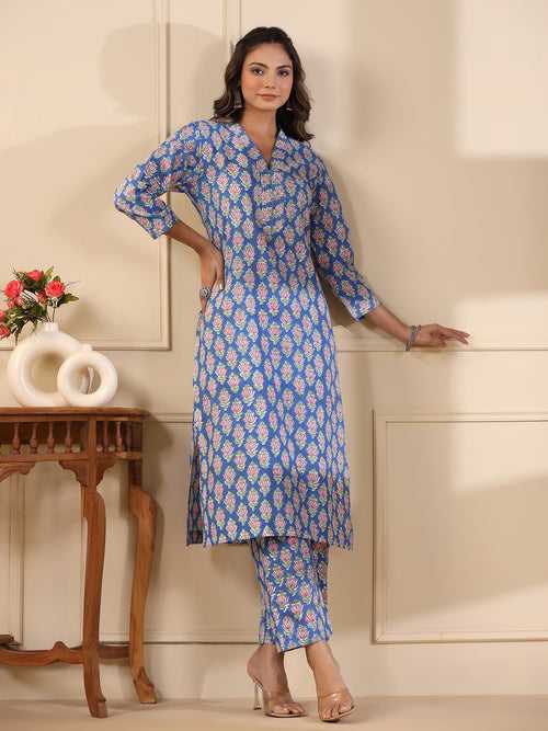 Sadabahaar Blue Butti Handblock Printed Cotton Kurta Pant