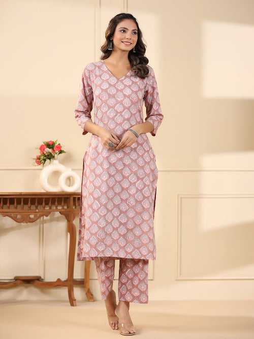 Sadabahaar Mauve Butti Handblock Printed Cotton Kurta Pant