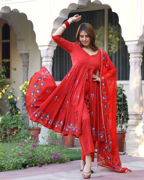 Red Handbrush Painted Cotton Anarkali Suit Set (Set of 3)