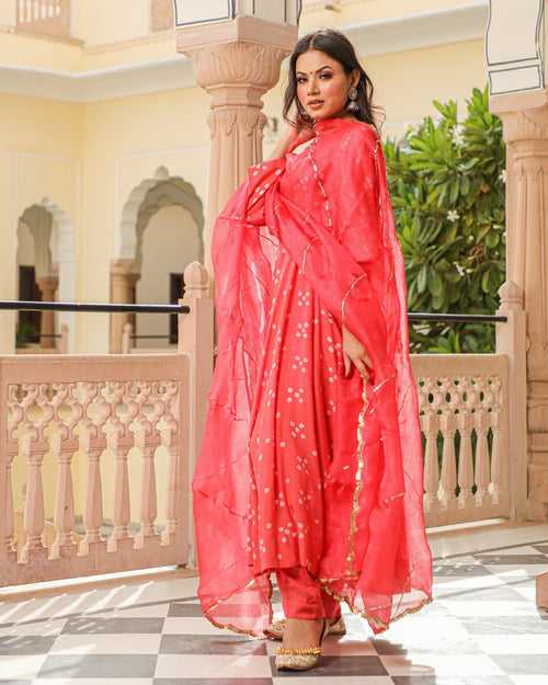 Coral Bandhej Modal Anarkali Kurta Pant Dupatta Set