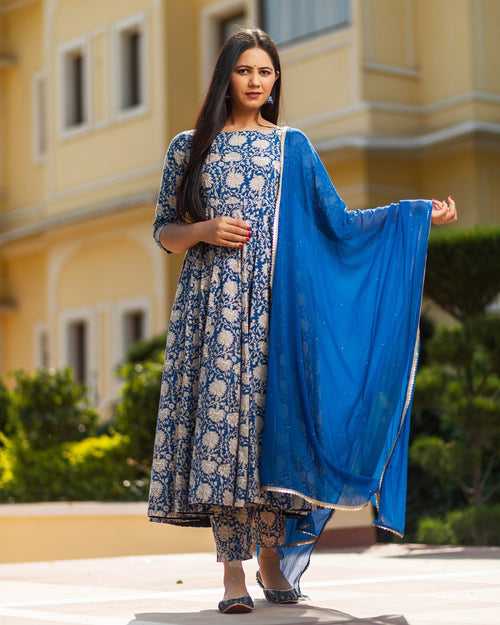 Blue Bagru Print Dress Set