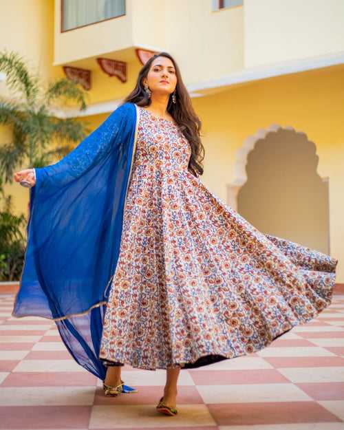 Indigo Orange Bagru Print Dress Set