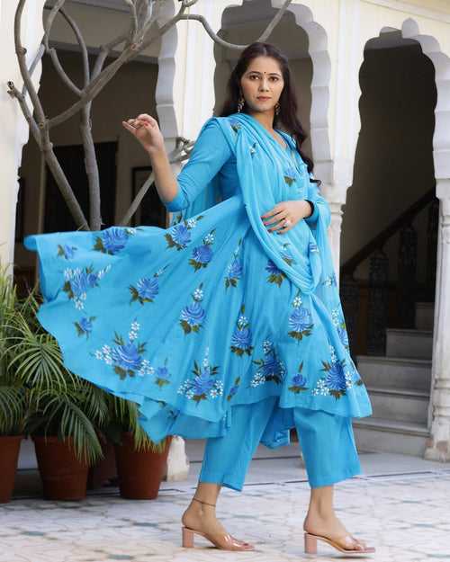 Turquoise Handbrush Painted Cotton Anarkali Suit Set (Set of 3)