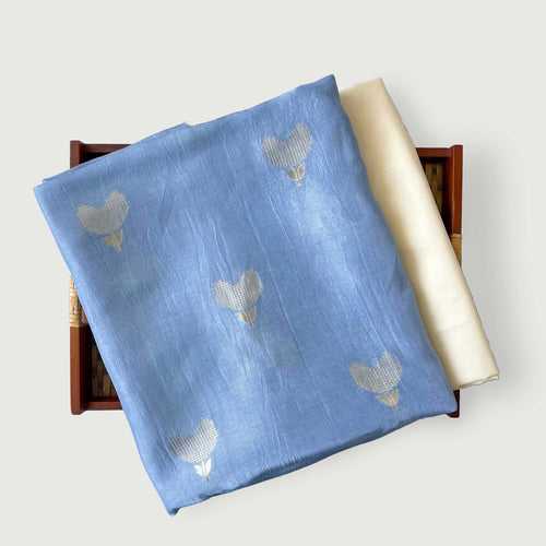 Unisex Maya Blue Jamdani Tulip Cloth of Gold | Woven Pure Russian Silk Kurta Fabric (3.2 Meters) | and Cotton Pyjama (2.5 Meters) | Unstitched Combo Set