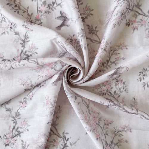 Dusty Pink & Brown Bird's Nest Printed Cotton Cambric Fabric (Width 43 Inches)
