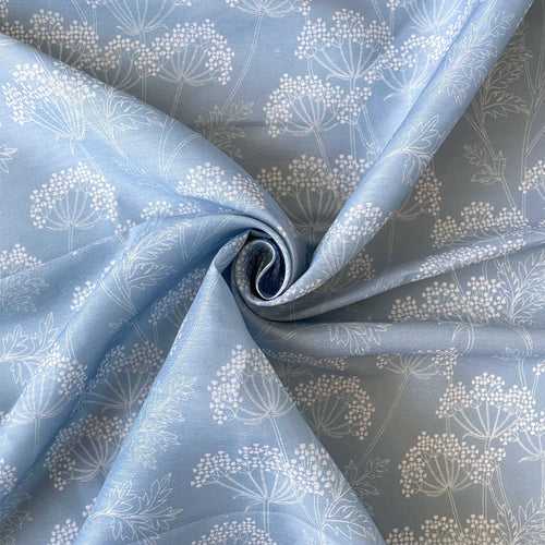 Baby Blue & White Wild Poppies Printed Soft Cotton Fabric (Width 44 Inches)