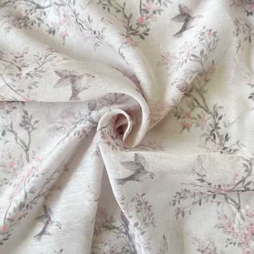 Dusty Pink & Brown Bird's Nest Printed Kora Cotton Fabric (Width 44 Inches)