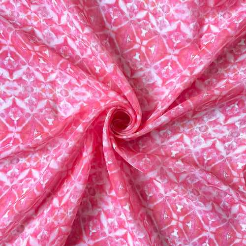 (CUT PIECE) Bright Pink and White Abstract Geometric Digital Printed Pure Crepe Fabric (Width 43 Inches)