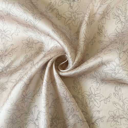 Beige & Black Hibiscus Garden Printed Tussar Silk Fabric (Width 42 Inches)