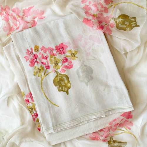 Dusty Beige Blooms & Knots Hand Embroidered & Printed Soft Munga Unstitched Suit Set