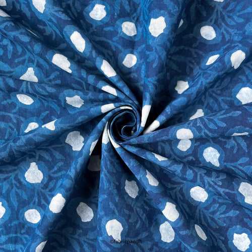 (CUT PIECE) Indigo Dabu Natural Dyed Floral Vines Hand Block Printed Pure Cotton Modal Fabric (Width 42 inches)