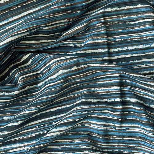 (CUT PIECE) Blue & Black Abstract Stripes Hand Block Printed Pure Cotton Linen Fabric (Width 44 Inches)
