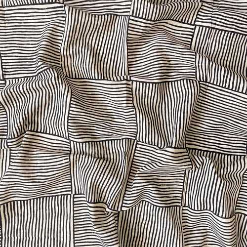 (CUT PIECE) Cream & Black Stripes & Checks Hand Block Printed Pure Cotton Linen Fabric (Width 44 Inches)