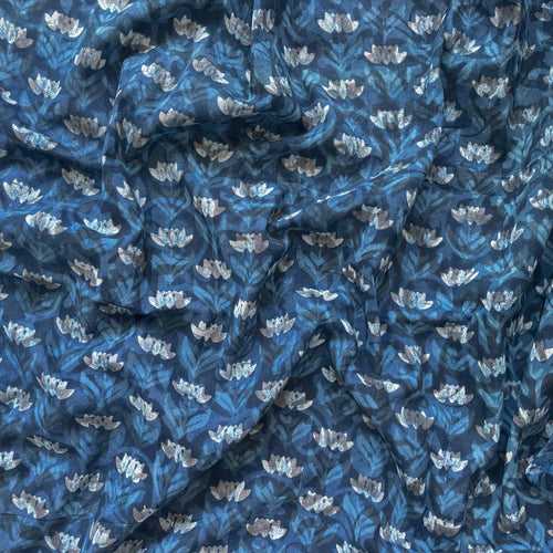 (CUT PIECE) Indigo Dabu Natural Dyed Abstract Lotus Hand Block Printed Pure Cotton Linen Fabric (Width 44 Inches)