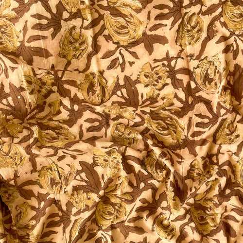 (CUT PIECE) Mud Brown Abstract Floral Vegetable Dyed Hand Block Printed Pure Cotton Linen Fabric (Width 44 Inches)