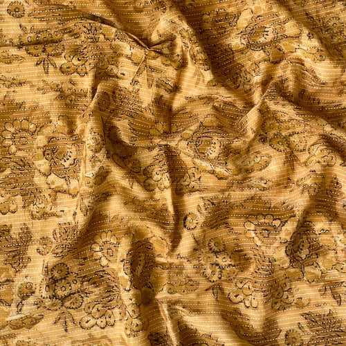 (CUT PIECE) Ochre & Mud Brown Embroidered Kantha Vegetable Dyed Hand Block Printed Pure Cotton Linen Fabric (Width 44 Inches)