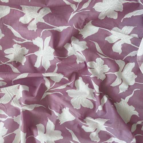 (CUT PIECE) White & Dusty Lilac Hibiscus GardenHand Block Printed Pure Cotton Linen Fabric (Width 44 Inches)