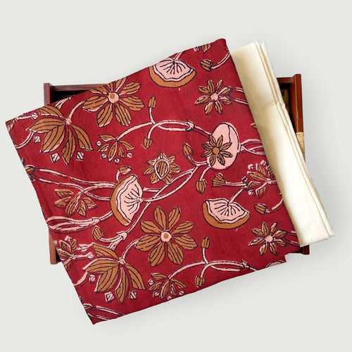 Brick Red & Beige Jahota Floral | Hand Block Printed Pure Cotton Fabric (3 Meters) | and Cotton Pyjama (2.5 Meters) | Unstitched Combo Set