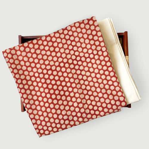 Brick Red & Beige Polkas | Ajrakh Natural Dyed Hand Block Printed Pure Cotton Fabric (3 Meters) | and Cotton Pyjama (2.5 Meters) | Unstitched Combo Set