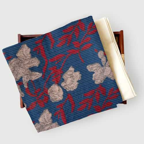 Bright Blue & Red Abstract Floral | Kantha Embroidered Hand Block Printed Pure Cotton Fabric (3 Meters) | and Cotton Pyjama (2.5 Meters) | Unstitched Combo Set