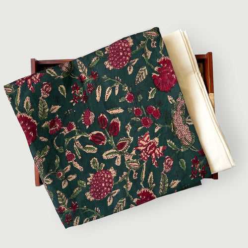 Dark Green & Red Egyptian Garden | Hand Block Printed Pure Cotton Fabric (3 Meters) | and Cotton Pyjama (2.5 Meters) | Unstitched Combo Set