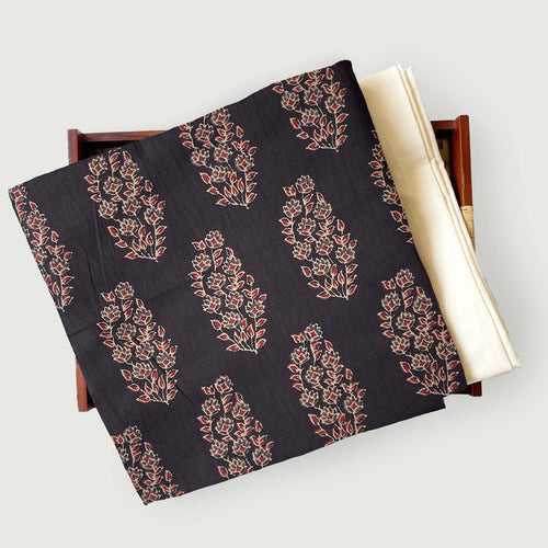 Deep Black & Beige Mughal Floral Bunch | Hand Block Printed Pure Cotton Fabric (3 Meters) | and Cotton Pyjama (2.5 Meters) | Unstitched Combo Set