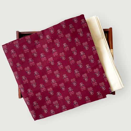 Deep Magenta Egyptian Floral | Hand Block Printed Pure Cotton Fabric (3 Meters) | and Cotton Pyjama (2.5 Meters) | Unstitched Combo Set