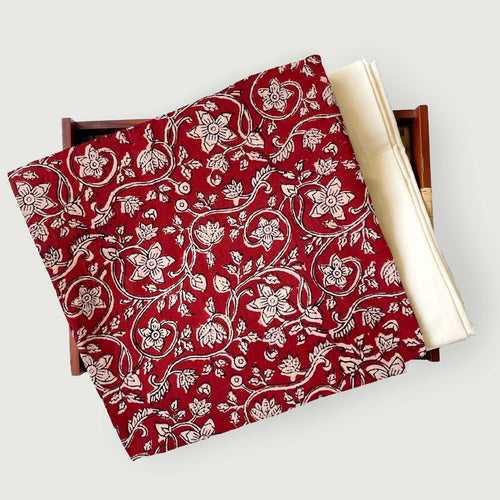 Deep Red & Beige Garden of Daisies | Hand Block Printed Pure Cotton Fabric (3 Meters) | and Cotton Pyjama (2.5 Meters) | Unstitched Combo Set
