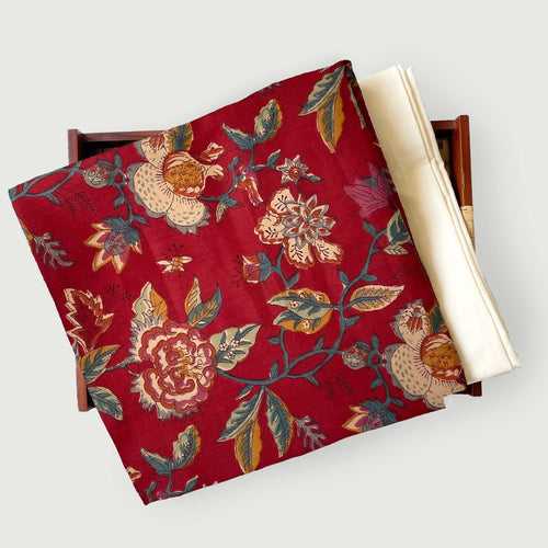 Deep Red & Beige Mughal Floral Garden | Hand Block Printed Pure Cotton Fabric (3 Meters) | and Cotton Pyjama (2.5 Meters) | Unstitched Combo Set