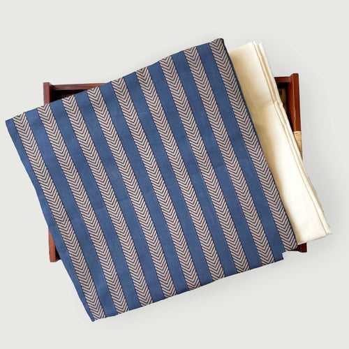 Dusty Blue & Beige Zig-Zag Stripes | Hand Block Printed Pure Cotton Fabric (3 Meters) | and Cotton Pyjama (2.5 Meters) | Unstitched Combo Set