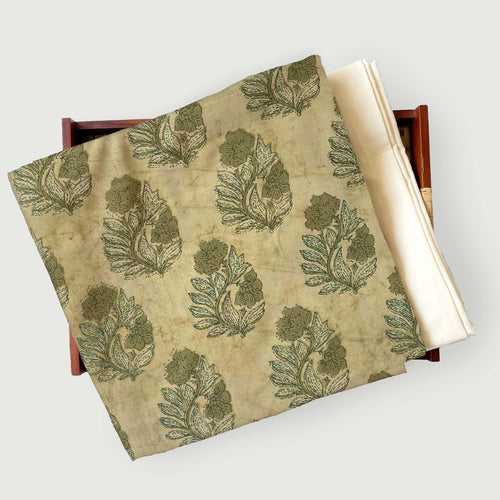 Dusty Olive Green The Royal Egyptian Flower | Ajrakh Natural Dyed Hand Block Printed Pure Cotton Fabric (3 Meters) | and Cotton Pyjama (2.5 Meters) | Unstitched Combo Set