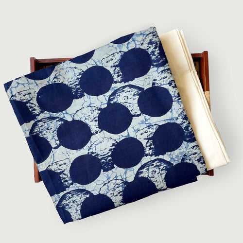 Indigo Blue Gigantic Polkas | Hand Block Printed Pure Cotton Fabric (3 Meters) | and Cotton Pyjama (2.5 Meters) | Unstitched Combo Set