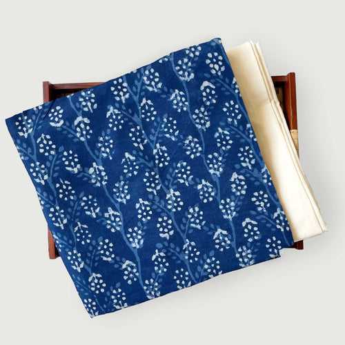 Indigo Dabu Natural Dyed Abstract Floral | Hand Block Printed Pure Cotton Fabric (3 Meters) | and Cotton Pyjama (2.5 Meters) | Unstitched Combo Set