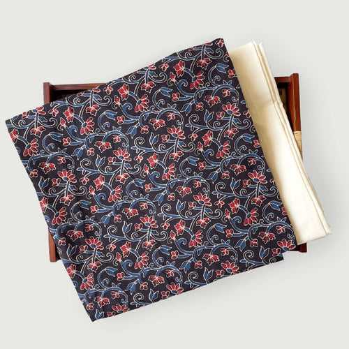 Jade Black & Blue Traditional Floral Vines | Hand Block Printed Pure Cotton Fabric (3 Meters) | and Cotton Pyjama (2.5 Meters) | Unstitched Combo Set